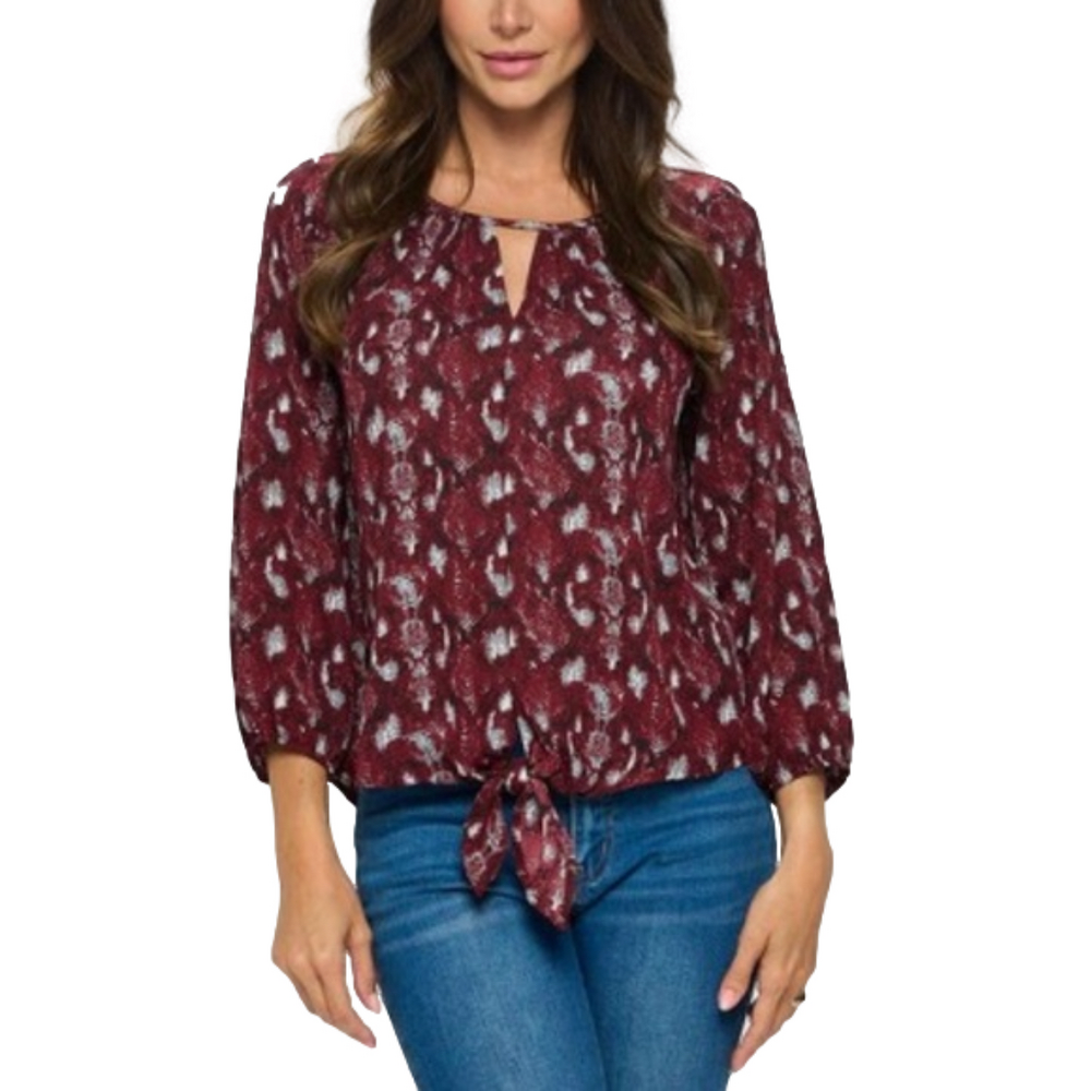 WEST KEI women’s Veronica tie front blouse extra small burgundy snake NWOT